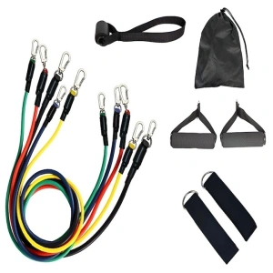 Extensor cu 5 benzi elastice de rezistenta pentru antrenament fitness, accesorii incluse, benzi din latex cu intensitati diferite, manere antiderapante, prindere la usa, saculet transport, 110 cm, mul - Img 6