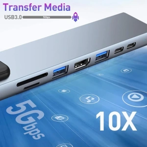 Hub adaptor multiport 8 in 1 USB-C, HDMI 4K 30Hz, Ethernet, USB 3.0, USB 2.0, Power Delivery 87W, cititor SD si MicroSD, aluminiu, gri - Img 7