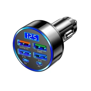 Incarcator auto, 6 porturi, 2 x Type C, 4 x USB, incarcare rapida, negru
