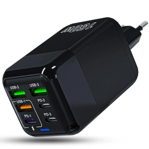Incarcator retea 150W USB-C si USB-A 6 porturi fast charge cu display LED universal telefon laptop negru compact