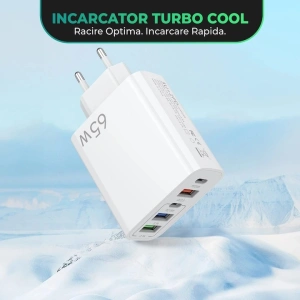 Incarcator retea 65W USB-C si USB-A 5 porturi fast charge PD QC universal telefon laptop alb compact - Img 6