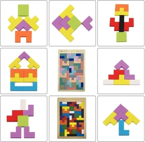 Joc puzzle pentru copii, tetris, educativ, 40 piese, lemn, culori pastelate, 3+ ani, 26.5 x 17.7 cm - Img 7