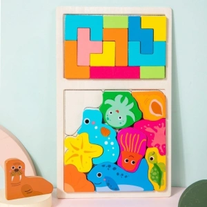 Joc puzzle, tip tetris, pentru copii, 2 in 1, animale marine, Montessori, lemn, 28.5 x 17 cm, multicolor - Img 8