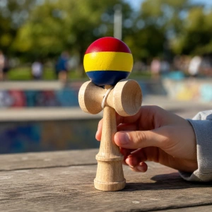 Kendama profesionala din lemn cu rubber grip, joc de indemanare si coordonare, 18 cm, model tricolor rosu galben albastru, pentru antrenament si freestyle - Img 2