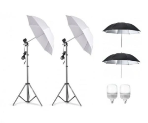 Kit de 4 umbrele alb-negru, 2 trepiezi reglabili 200 cm, 2 becuri LED 25W