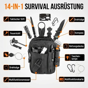 Kit supravietuire multifunctional 14 in 1 pentru camping si outdoor, cu lanterna, cutit pliabil, busola, bratara paracord si accesorii tactice - Img 3