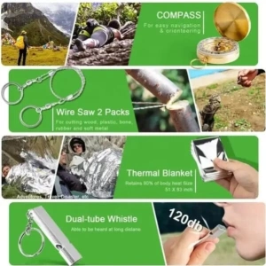 Kit supravietuire multifunctional 18 piese, camping si urgenta, busola, lanterna, cutit pliabil, paracord, patura termica, carcasa - Img 9