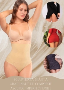 Lenjerie modelatoare talie inalta compresie abdomen si efect lifting posterior, fara cusaturi, bej, marime M/L - Img 2
