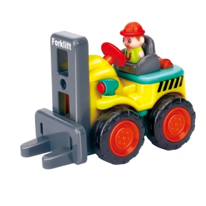 Mini stivuitor pentru copii, galben cu gri antracit, 7 x 5.4 x 4 cm, vehicul de constructie, jucarie cu furci mobile, roti functionale, ambalaj PVC