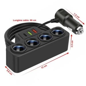 Multiplicator bricheta auto, 4 iesiri, 120 W, 2 x USB, 1 x tip C, 12V -24V, ABS, negru - Img 3