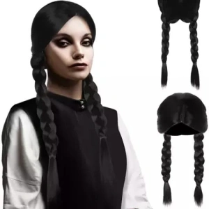Peruca feminina lunga pentru costume si petreceri tematice, doua codite impletite, par sintetic negru, 55 cm - Img 4