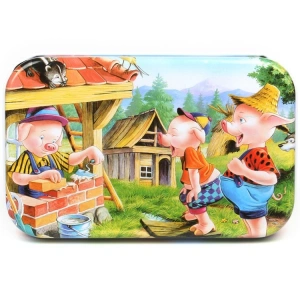 Puzzle 60 de Piese din Lemn in Cutie Metalica, Model Cei Trei Purcelusi, Educativ, Dezvoltare Abilitati Cognitive, pentru Prescolari, 22.5x13.5 cm, Multicolor - Img 2
