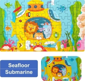 Puzzle din lemn multicolor 22.5 x 13.5 cm, 60 piese, model submarin cu animale, joc educativ pentru copii, dezvoltarea atentiei si coordonarii - Img 2