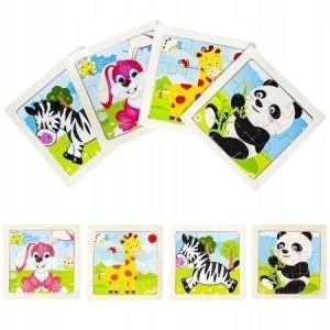 Puzzle educativ cu suport din lemn, set 4 modele animale, 11 x 11 cm, 9 piese fiecare, joc de logica si asociere pentru copii 3+ ani