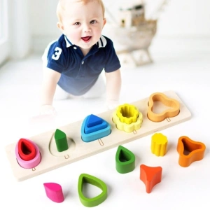 Puzzle Montessori din lemn, multicolor, 29 x 6.5 cm, joc educativ cu 15 piese si 5 forme asimetrice, model copaci, pentru copii 2+ ani - Img 5