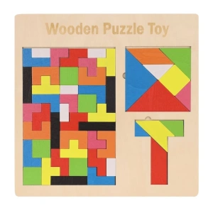 Puzzle Montessori multicolor 37 piese din lemn, 3D, joc educativ 3 in 1 pentru dezvoltarea logicii, creativitatii si coordonarii, 3 ani+
