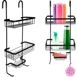 Raft suspendat negru 63 x 28,5 x 14 cm, 3 polite, aluminiu, fara gaurire, organizator pentru cabina de dus cu ventuza de stabilizare - Img 9