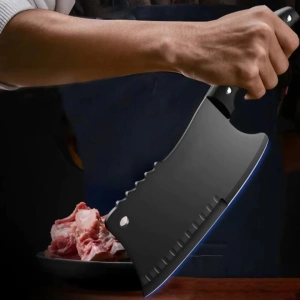 Satar bucatarie tip japonez lama lata din otel inoxidabil, maner ergonomic antialunecare, pentru carne peste legume, 29 cm, negru - Img 11