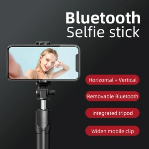 Selfie stick 3 in 1, brat extensibil, trepied, telecomanda bluetooth, rotire 360 grade - Negru - Img 2