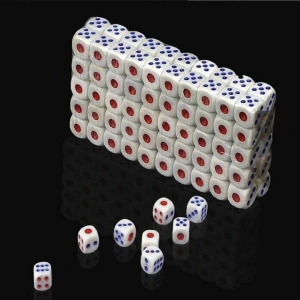 Set 10 zaruri albe cu puncte albastre si rosii, 13 mm, pentru jocuri de societate sau jocuri de noroc - Img 5