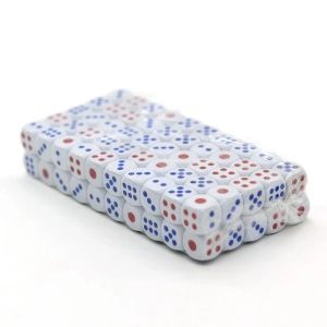 Set 100 zaruri albe cu puncte albastre si rosii, 13 mm, pentru jocuri de societate sau jocuri de noroc - Img 1