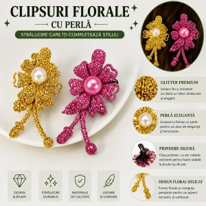 Set 2 agrafe de par aurie si roz 5 x 2 cm, model floral metalizat, accesorii feminine pentru prinderea parului - Img 4