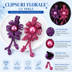 Set 2 agrafe de par mov si roz 5 x 2 cm, model floral metalizat, accesorii decorative pentru orice coafura - Img 4