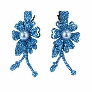 Set 2 cleme de par bleu 5 x 2 cm, model floral metalizat, accesorii moderne pentru par, fixare sigura