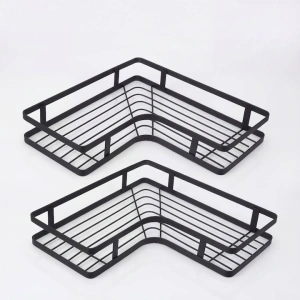 Set 2 rafturi de colt, autoadezive, pentru baie, suport si carlige pentru accesorii incluse, otel inoxidabil, 23.8 x 23.8 x 4 cm/24.8 x 24.8 x 5 cm, negru - Img 4