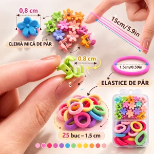 Set 25 elastice par 1.5 cm si 16 cleme mini florale 0.8 cm, cutie organizator transparenta - Img 3
