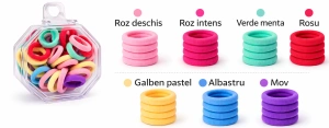 Set 25 elastice par subtiri 1.5 cm multicolor pastel, elastice textile pentru fete si femei, cutie hexagonala cu agatatoare - Img 3