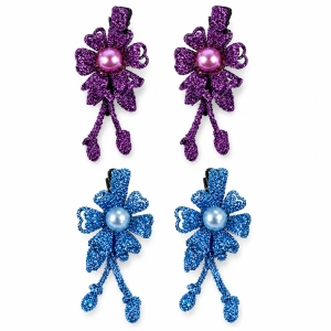 Set 4 agrafe de par mov si bleu 5 x 2 cm, model floral metalizat, 2 mov + 2 bleu, fixare sigura pentru orice coafura - Img 1