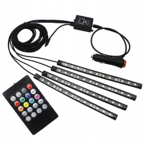 Set 4 benzi LED RGB pentru iluminarea interioara a masinii, cu telecomanda, 8 culori, 12 LED-uri pe banda - efecte luminoase ambientale - Img 1