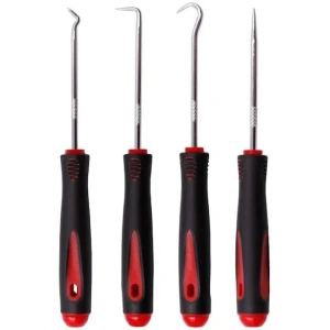 Set 4 carlige universale pentru etansari si inele, pentru tragere si manipulare elemente de cauciuc, otel si PP, varfuri magnetizate, 16 cm, negru/rosu