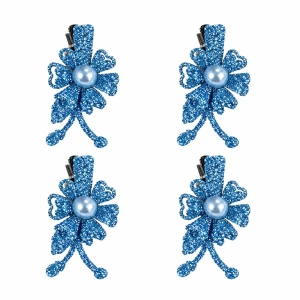 Set 4 cleme de par bleu 5 x 2 cm, model floral metalizat, accesorii chic pentru par, prindere sigura pentru coafuri