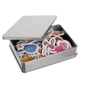 Set 42 magneti de frigider cu diverse animale pentru copii,cutie de depozitare metalica - Multicolor