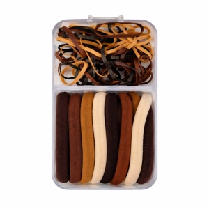 Set 70 elastice subtiri si 10 bentite textile maro bej in cutie organizator, accesorii par femei