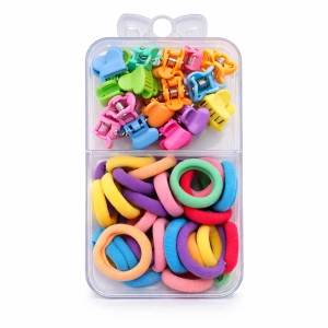 Set accesorii par colorate, 25 elastice 1,5 cm si 16 cleme inimioara 0,8 cm, organizator inclus