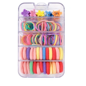 Set accesorii par copii cu cutie organizator, 26 elastice textile 2 cm, 80 elastice cauciuc multicolore si 5 cleme floricele 0.8 cm - Img 1