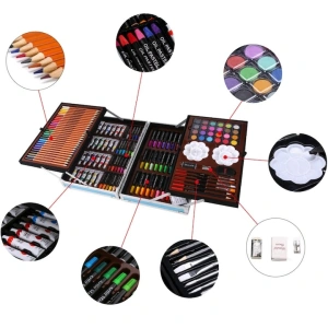 Set de desen si pictura pentru copii, 145 piese, valiza portabila din metal cu sertare, creioane, markere, acuarele, pasteluri, pensule si accesorii, organizare completa, albastru - Img 7