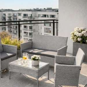 Set mobilier gradina ratan gri deschis cu canapea 2 locuri, 2 fotolii si masa sticla, perne incluse, rezistent exterior - Img 8