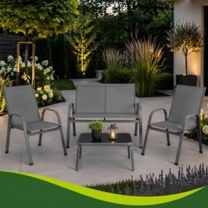 Set mobilier pentru balcon si terasa, canapea 2 locuri, 2 scaune si masuta cu blat din sticla securizata, cadru metalic, gri - Img 3