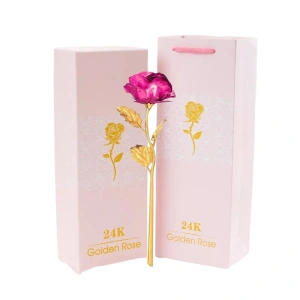 Trandafir artificial, suflat cu aur 24K, cutie eleganta, punga de cadou inclusa, roz