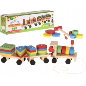 Trenulet de jucarie din lemn, 30 cm, multicolor - cu forme geometrice, puzzle arcade, locomotiva + 2 vagoane, blocuri detasabile, pentru copii 3+ - Img 3