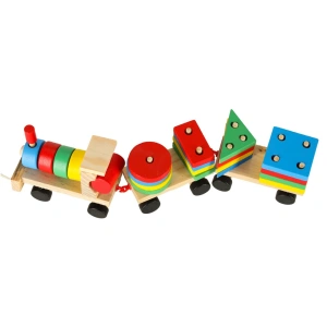Trenulet de jucarie, locomotiva cu 2 vagoane, lemn, forme geometrice, 30 x 9 x 6 cm, multicolor - Img 8