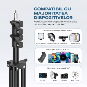 Trepied extensibil 210 cm din aluminiu cu suport reglabil pentru telefon si montura camera, stativ pliabil pentru foto video si iluminare, negru - Img 4