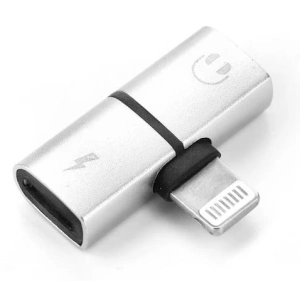 Adaptor Lightning 2 in 1, argintiu, pentru incarcare si casti audio, conector dual pentru telefon, utilizare simultana, design compact