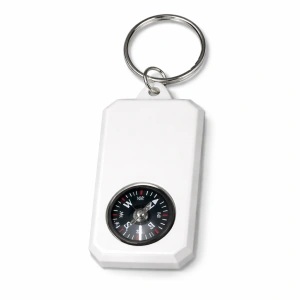 Breloc chei cu busola integrata, alb, plastic rezistent, inel metalic, 9x3x0.6 cm, accesoriu orientare si organizare