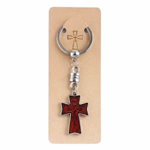 Breloc religios cruce din lemn cu figurina Isus, breloc crestin cu inel metalic pentru chei, accesoriu spiritual compact - Img 1