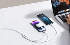 Cablu de incarcare si transfer date, 66W 3 in 1, Lightning, USB-C, Micro USB, lungime 1.2 m, alb - Img 2